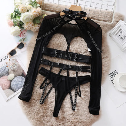 Tornova Sexy Lingerie Set for Women Strap Sexy Lingerie Mesh Splicing Hollow Sexy Lingerie 5-piece Set Halter Underwear Set New