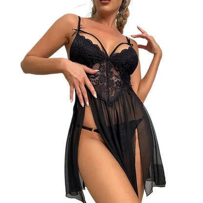 Sexy Crotchless Blue Lingerie Women Lace Hollow Nightgown G-string Bra Set Erotic Costumes Teddy Baby Doll Dress Porn Underwear