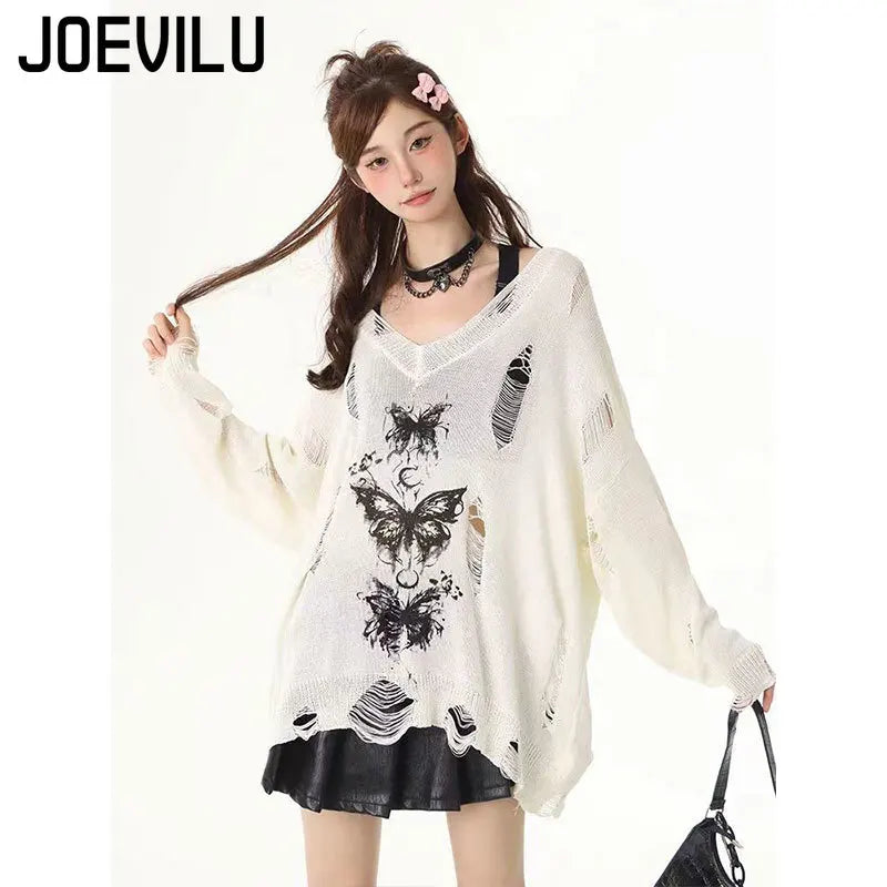 Sexy Graffiti Butterfly Hollow-out Knit Tops Summer Thin Sunscreen Cover Shirt Loose Casual Versatile Y2K Long Sleeve Blouses