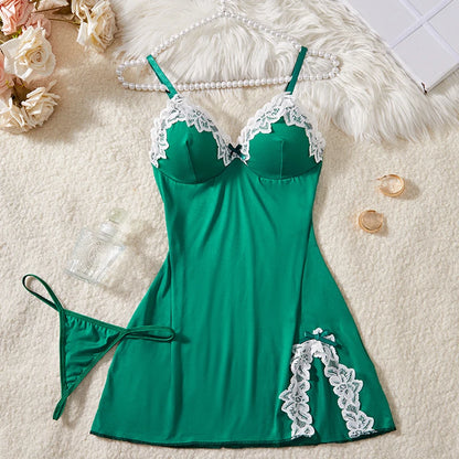New Green Sexy Strap Women's Bra Set Dress Temptation Ultra Short Split Skirt Sleep Dress Underwear Set Home Underwear Clothing