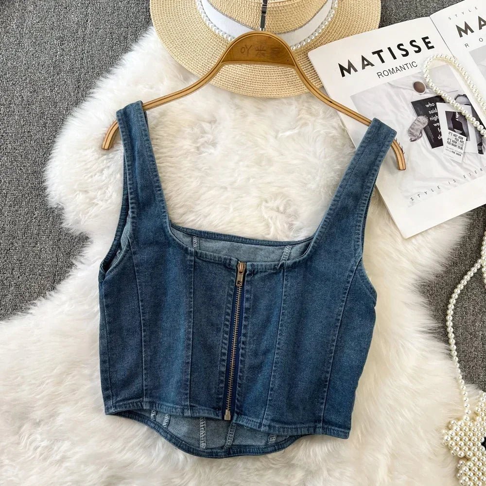 Vintage Denim Tanks Camis for Women Almighty Casual Sleeveless Zipper Spliced Femme Corset Crop Tops Elegant Chic Tank Camisoles