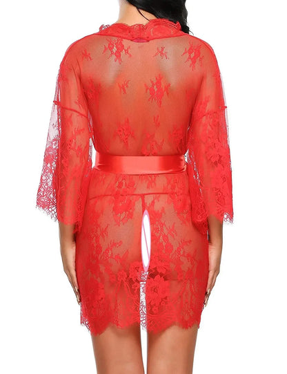 New Sexy Lace Transparent Ruffles Robe Women Lingerie See-through Babydolls Underwear Sleepwear Night Dress Erotic Sex Clothes