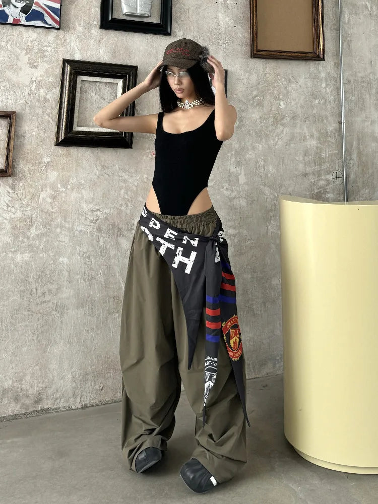 Women's Dance Y2K Style Pants Cross Layer Straps Design Casual Streetwear Wide Leg Cargo Pants For Hip Hop Dance Colorful