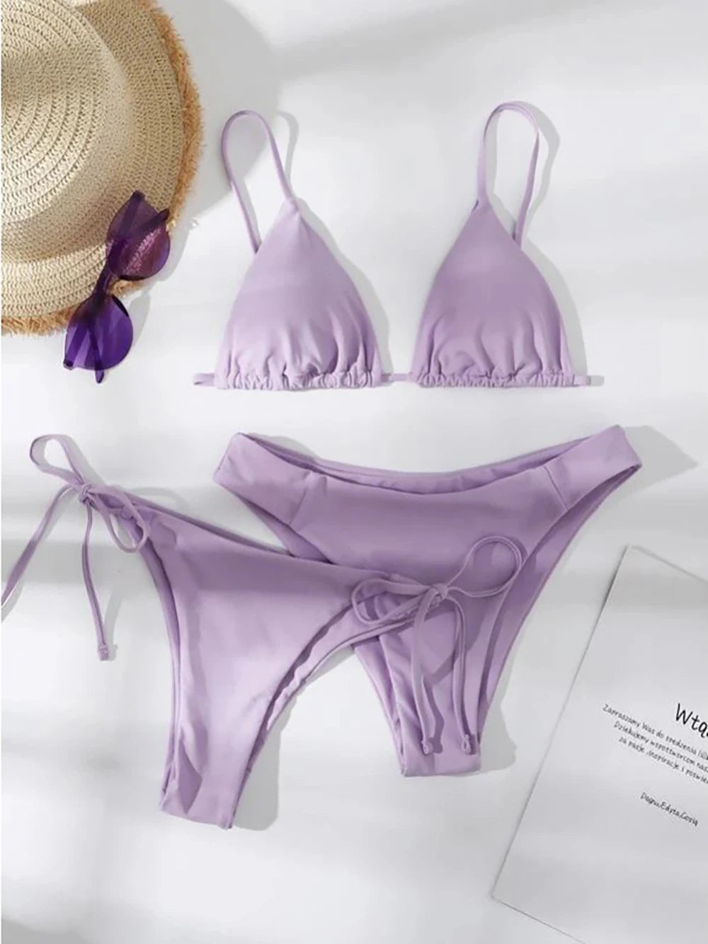 Sexy Solid 3 piece Bikini Set Women's Halter Lace Up Low Waist Swimsuit Triangle Thong Tie On Side Swimwear Brazilian Biquinis