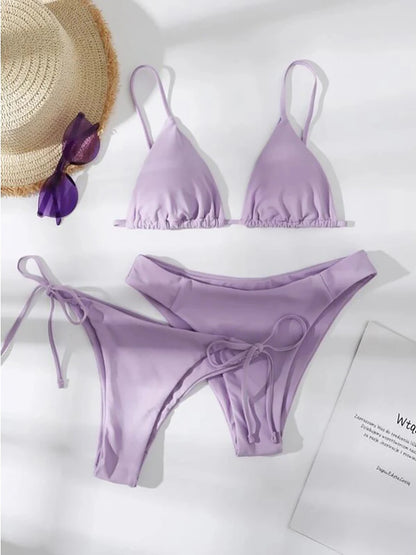 Sexy Solid 3 piece Bikini Set Women's Halter Lace Up Low Waist Swimsuit Triangle Thong Tie On Side Swimwear Brazilian Biquinis