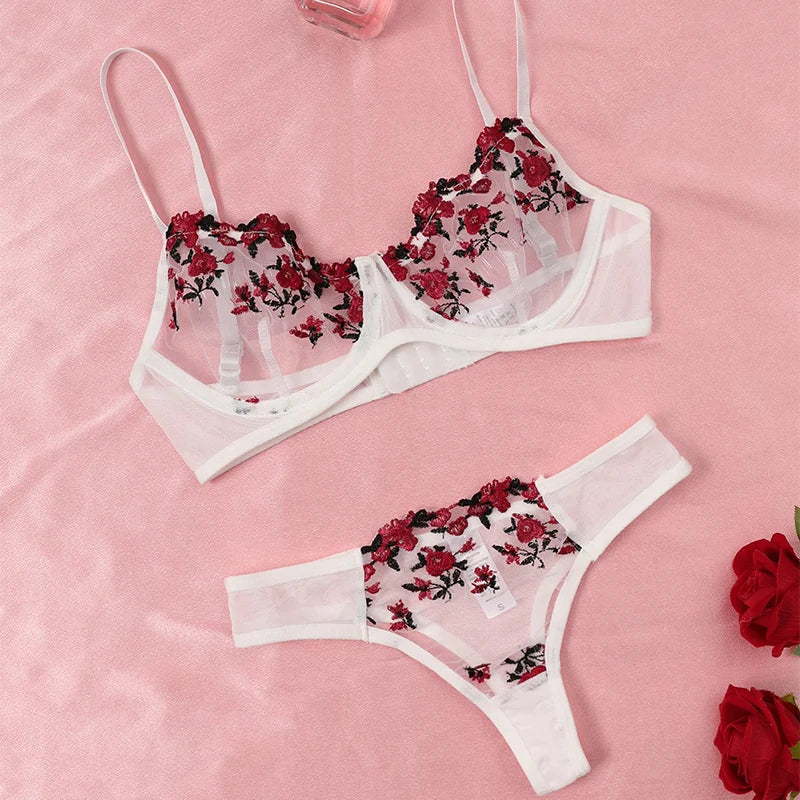 Embroidery Floral Ultra-thin Exquisite Transparent Women Underwear Bra Set