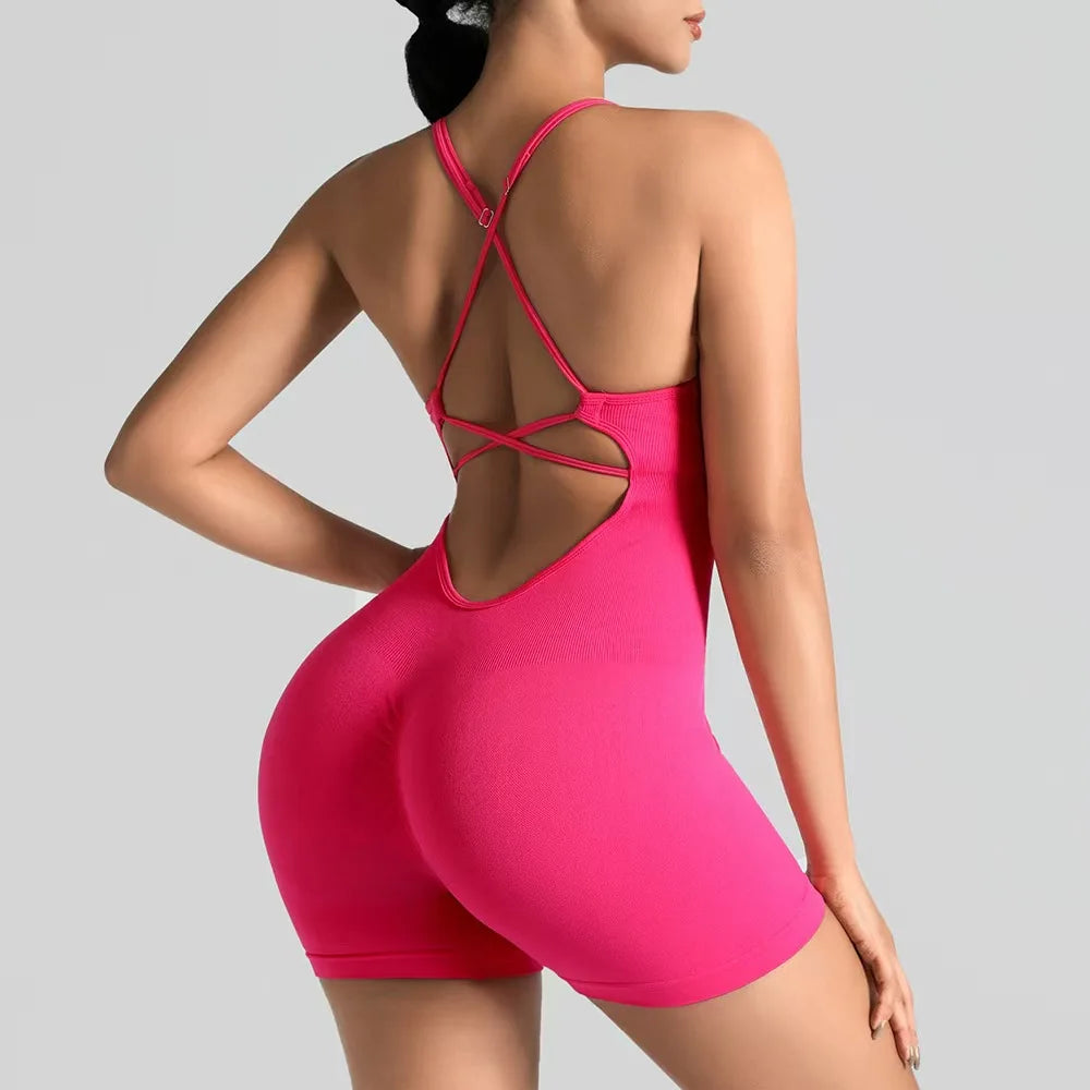 Women's Sexy Slim-Fit Yoga Shorts Jumpsuit Seamless Back Workout Bodysuit Breathable Quick-Dry Gym Running Pilates Fitness Yoga
