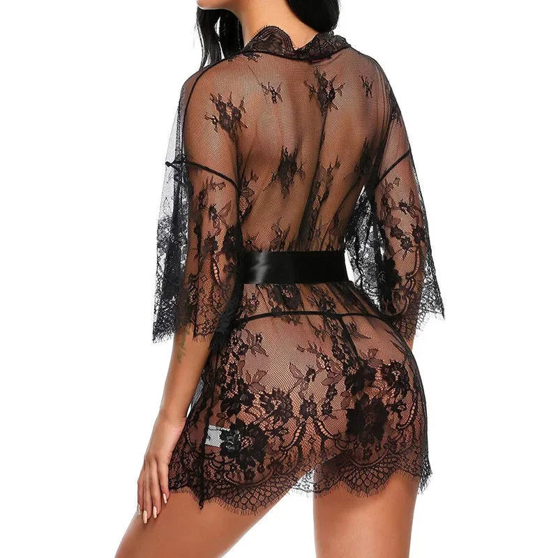 Women Sexy Lingerie Babydoll Erotic Transparent V-Neck Nightdress Robe G-string Costume Lace Sleepwear Dress