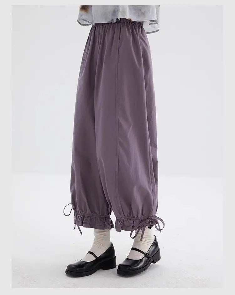 Women's Black High Waist Wide Leg Pants Drawstring Cuff Ruffled Casual Trousers