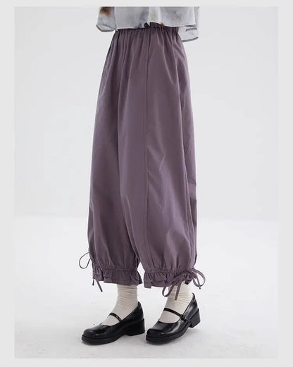 Women's Black High Waist Wide Leg Pants Drawstring Cuff Ruffled Casual Trousers