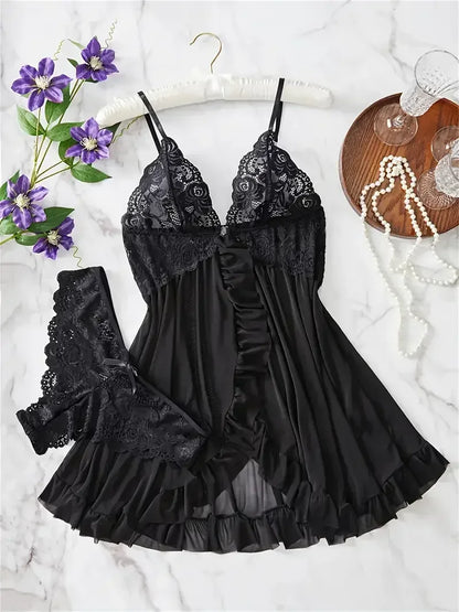 Blue Contrast Lace Ruffle Trim Lingerie Set Women's Nightdress See Through Deep V Mini Dress and Thong Nightgowns Underwear