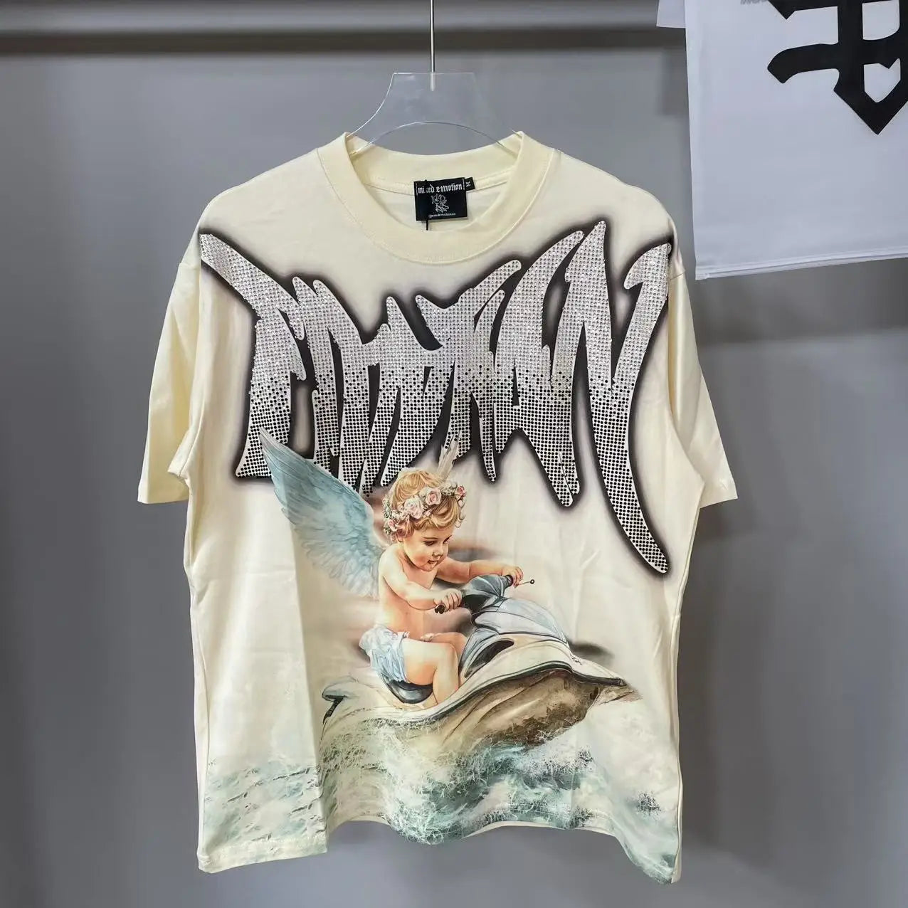 MIXED EMOTION Shirt Rhinestone Short Sleeve Men Women T-shirt Streetwear 100% Cotton Loose Round Neck Top Tees Oversized Tee Top