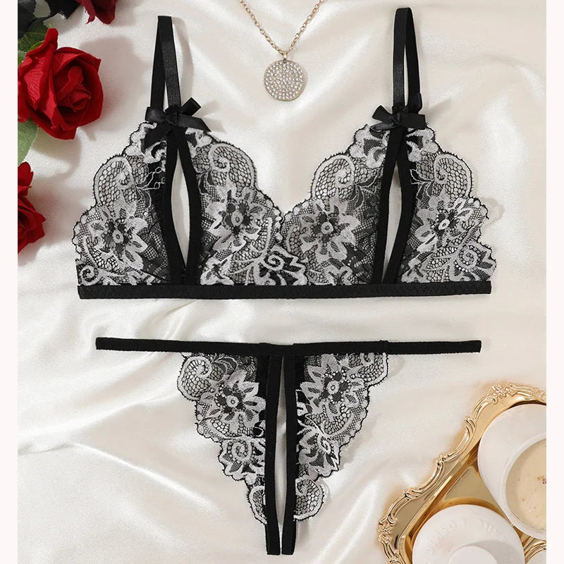 Floral Lace Bra Set Bow Intimates Bra And Thongs Sets Outfit Women's Underwear Set