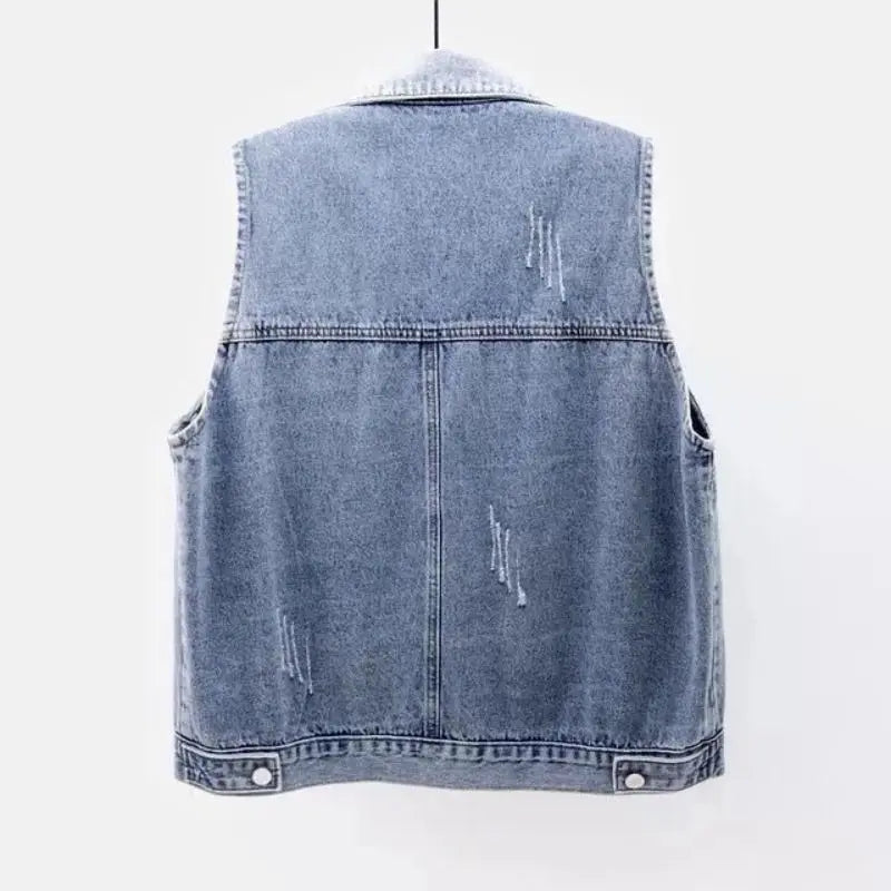 Frayed Denim Vintage Sleeveless Loose Single Breasted Women's Vest Jacket Coats Short Coat For Women Clothing 2024 Fashion