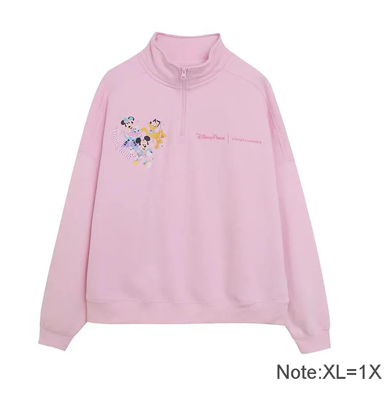 Disney Pink Disneyland Letter Embroidery Cartoon Mickey Minnie Cute Print Sweatshirt Zipper Women Jumper Fleece Pullover Unisex