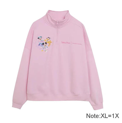 Disney Pink Disneyland Letter Embroidery Cartoon Mickey Minnie Cute Print Sweatshirt Zipper Women Jumper Fleece Pullover Unisex