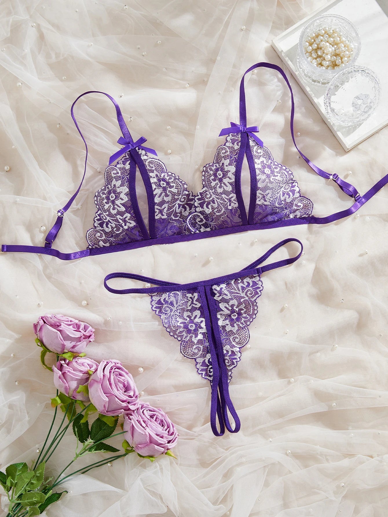 Women Floral Underwear Set, Bra And Thong Sets, Women Clothing, Valentine's Day Gift