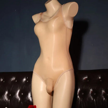 Full Transparent Bodysuits Gay Men Oils Shiny Smooth Jumpsuits Sissy Sheer Mesh Swimsuit Cross-dresser Glossy Erotic Lingerie