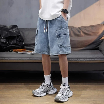 Summer Men's High Street Baggy Cargo Denim Shorts 2026 New Y2K Vintage Drawstring Jorts Hip Hop Fashion Blue Short Jean Pants