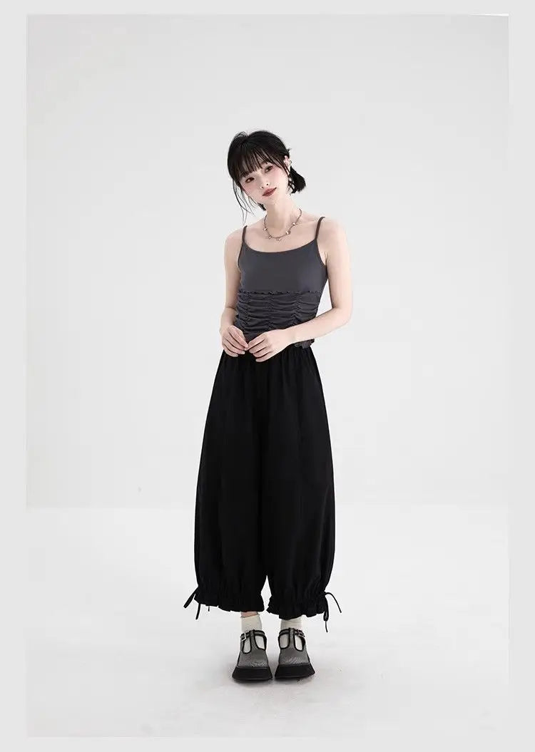 Women's Black High Waist Wide Leg Pants Drawstring Cuff Ruffled Casual Trousers