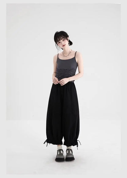 Women's Black High Waist Wide Leg Pants Drawstring Cuff Ruffled Casual Trousers
