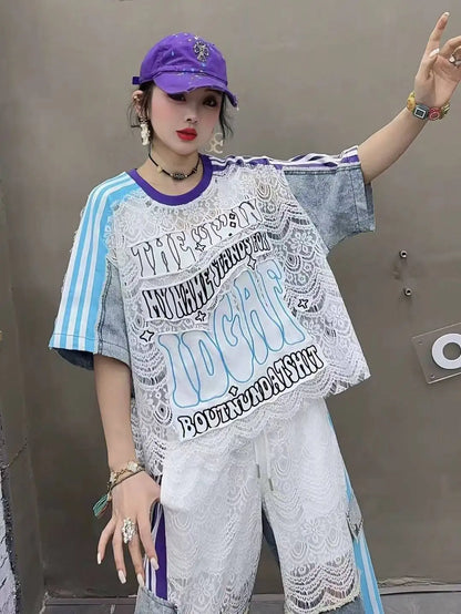 Fashion Women Denim Splicing Printed Contrast Color Short Sleeve Loose LongCasual Streetwear Outfit top
