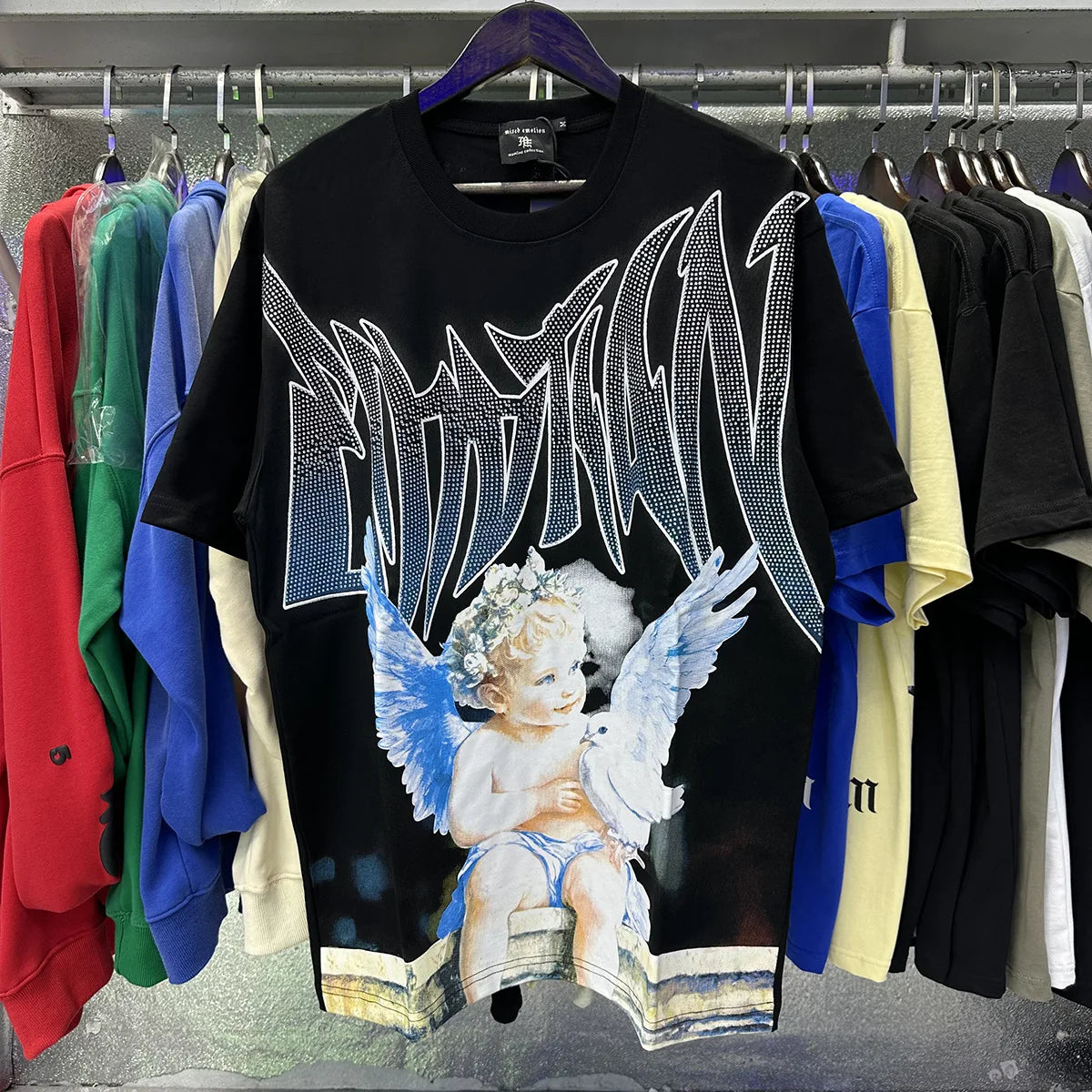 MIXED EMOTION Shirt Rhinestone Short Sleeve Men Women T-shirt Streetwear 100% Cotton Loose Round Neck Top Tees Oversized Tee Top