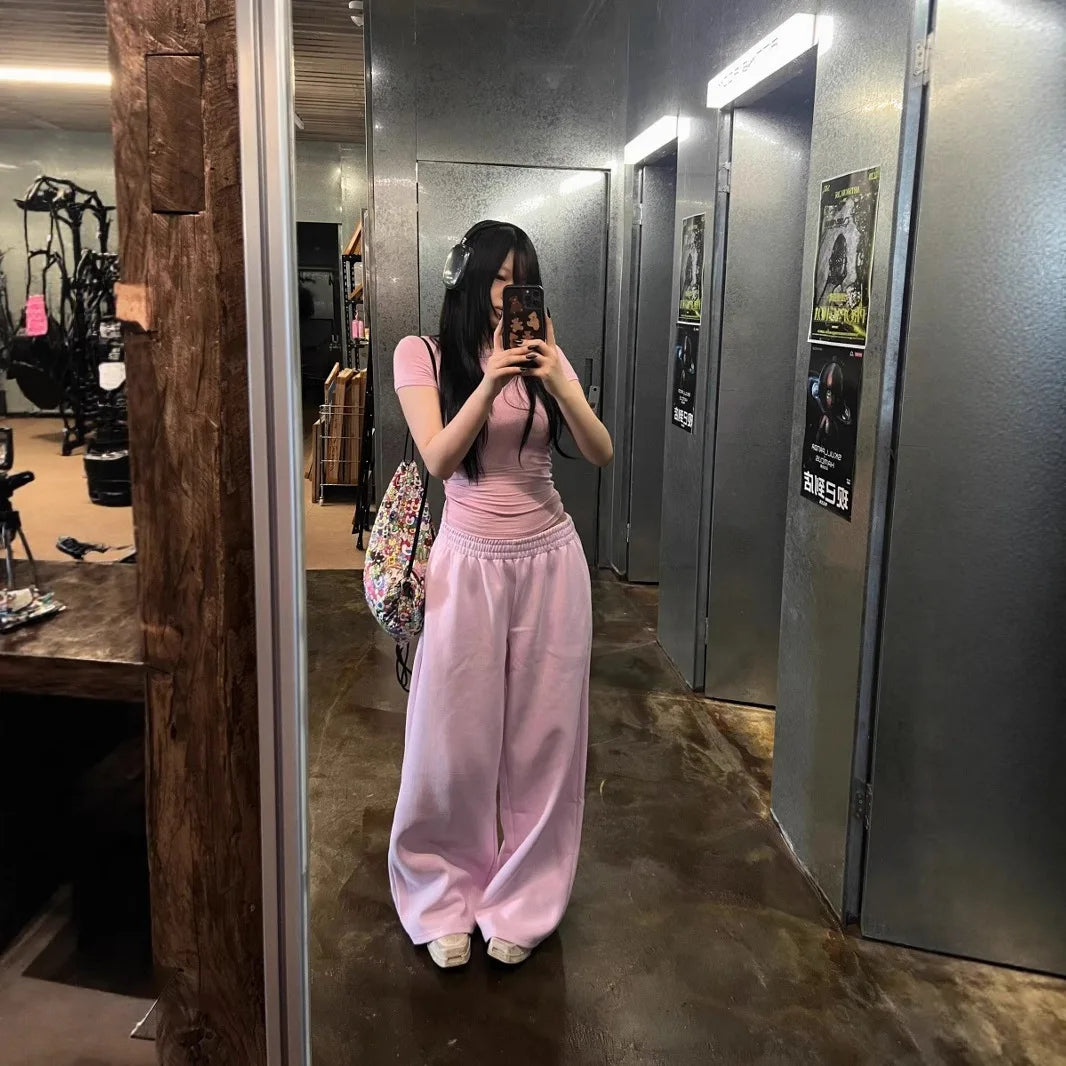 Pink High Waist Wide Leg Sweatpants Women's Spring Summer Lazy Loose Casual Floor Length Sport Long Pants Women