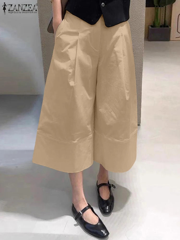 ZANZEA Women Casual Calf-Length Pants Elastic Back Waist Solid Color Wide-Leg Cropped Pant Loose Cozy Woman Bottoms Fall 2025