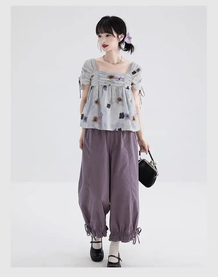 Women's Black High Waist Wide Leg Pants Drawstring Cuff Ruffled Casual Trousers