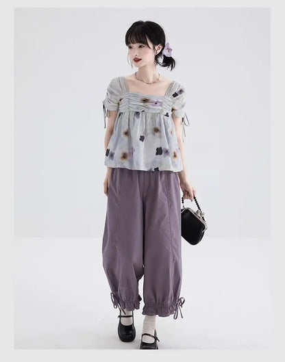 Women's Black High Waist Wide Leg Pants Drawstring Cuff Ruffled Casual Trousers