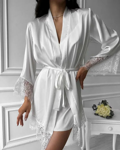 Women's Sexy Night Gown Robe V-Neck Satin Lace Bathrobe Half Sleeve Nightdress Female French Sexy Silky Satin Sleepwear