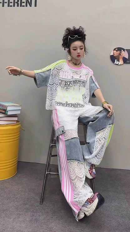 Fashion Women Denim Splicing Printed Contrast Color Short Sleeve Loose LongCasual Streetwear Outfit top