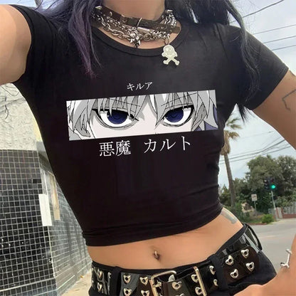 Crop Top T-shirt Hunter X Hunter Tees Cropped Harajuku Cartoon Killua Tshirt Funny Japanese Anime Hisoka T Shirt Tops Y2k Manga