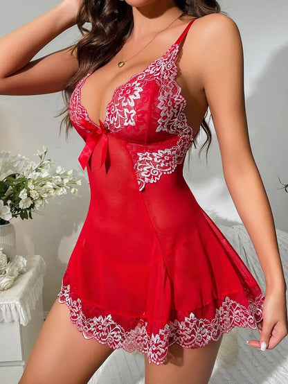 Short Sexy Deep V Women's Nightgown Embroidered Dress Fashions Pajamas Free Thong Night Sleepwear Suspender Baby Doll Lingerie