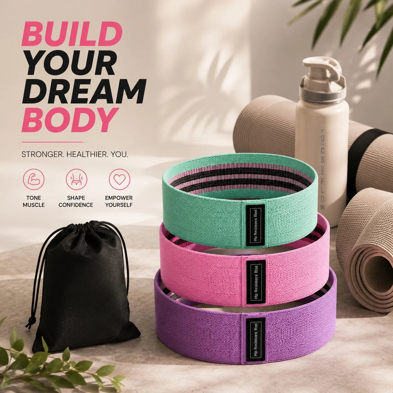 3PCS Fabric Resistance Bands Set for Women, Non Slip Workout Bands for Glutes, Legs & Home Fitness