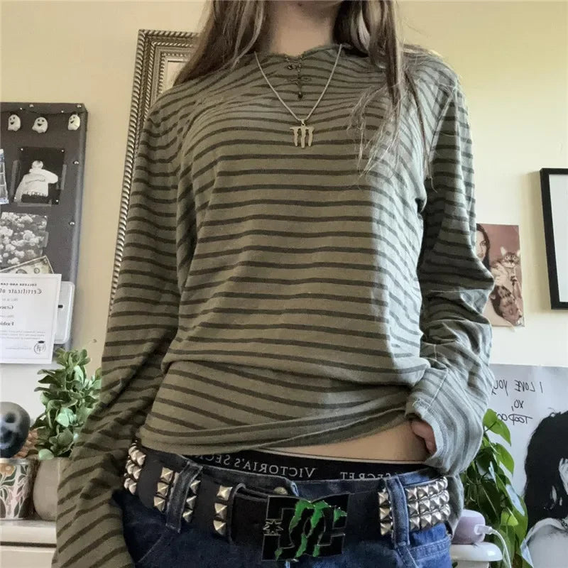 Y2k Teen Striped Long Sleeve T-Shirts Fairy Grunge Print Baggy Tops Vintage Harajuku 2000s E-Girl Shirts Vintage Streetwear
