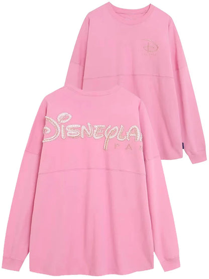 Disney Pink Disneyland Letter Embroidery Cartoon Sequins Pearl Cute Print Sweatshirt Glitter Women Jumper Fleece Pullover Unisex
