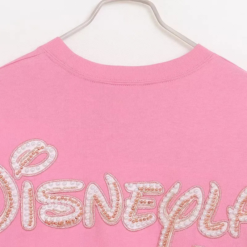 Disney World Letter Mickey Mouse Cartoon Print Embroidery Flares Pearl Pink Sweatshirt Sweet Women Long Sleeve Loose Jumper Tops