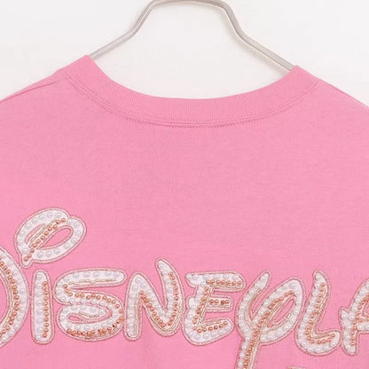 Disney World Letter Mickey Mouse Cartoon Print Embroidery Flares Pearl Pink Sweatshirt Sweet Women Long Sleeve Loose Jumper Tops