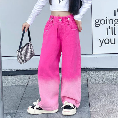 3-14Y Spring Autumn Girls Jeans Teen-agers Fashion Gradient Color Long Style Trousers For Kids Denim Wide Leg Pants