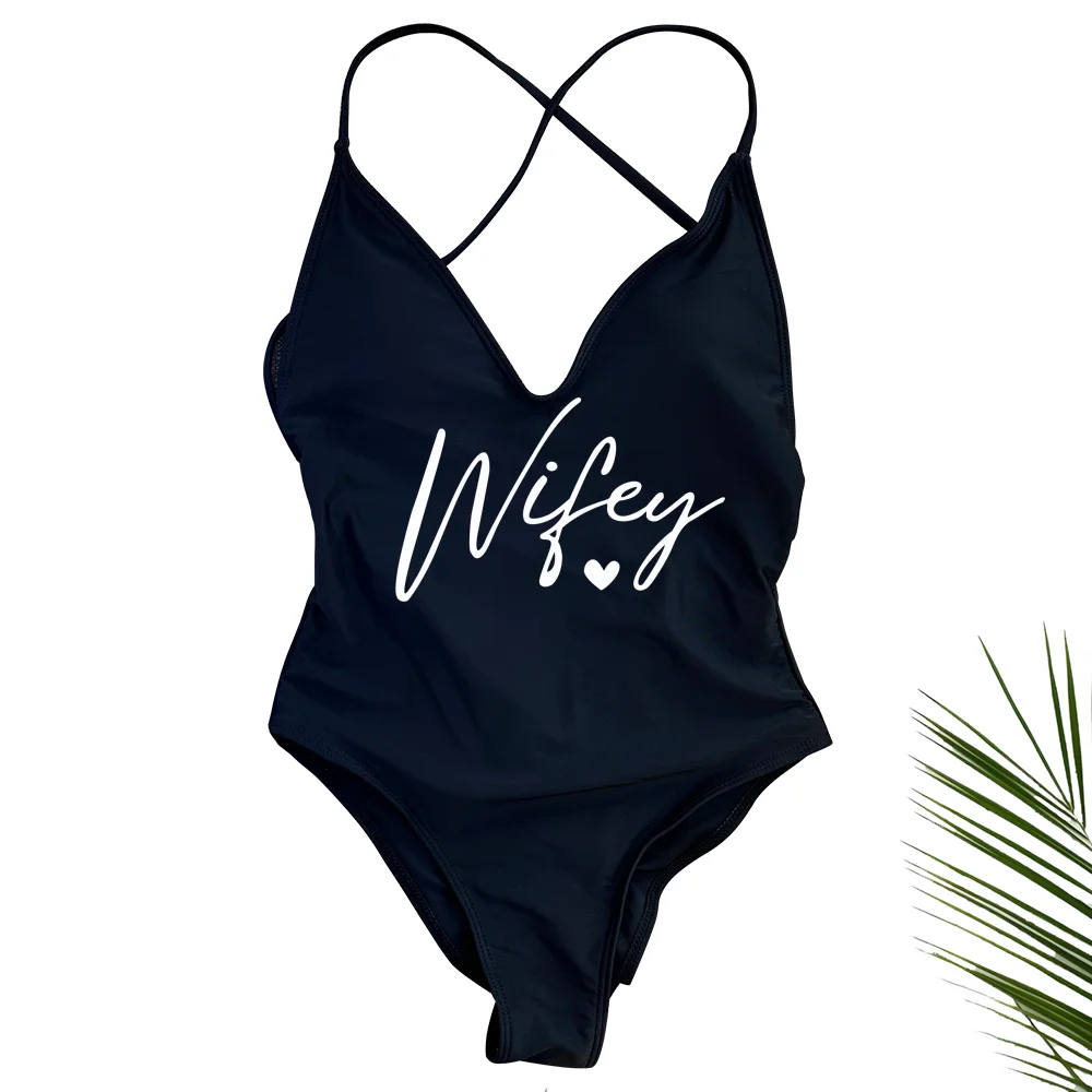 Sexy Padded Wifey One Piece Swimsuit bride Swimwear Women Backless Rose gold Bathing Suit Summer Beachwear monokini Thong