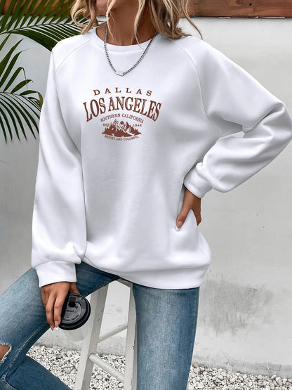 Women's autumn and winter casual wide pine mountain and letter pattern print warm and velvet long sleeved round neck sweatshirt