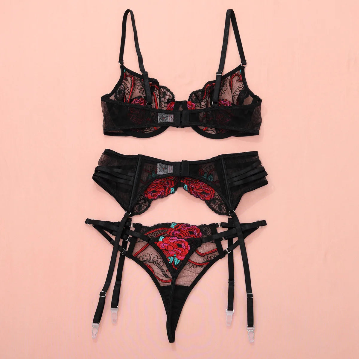 Ellolace Seductive Sexy Lingerie Bra Belt Thong 3PC Set Beautiful Floral Embroidered Intimate Tempted Women Underwear