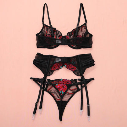 Ellolace Seductive Sexy Lingerie Bra Belt Thong 3PC Set Beautiful Floral Embroidered Intimate Tempted Women Underwear