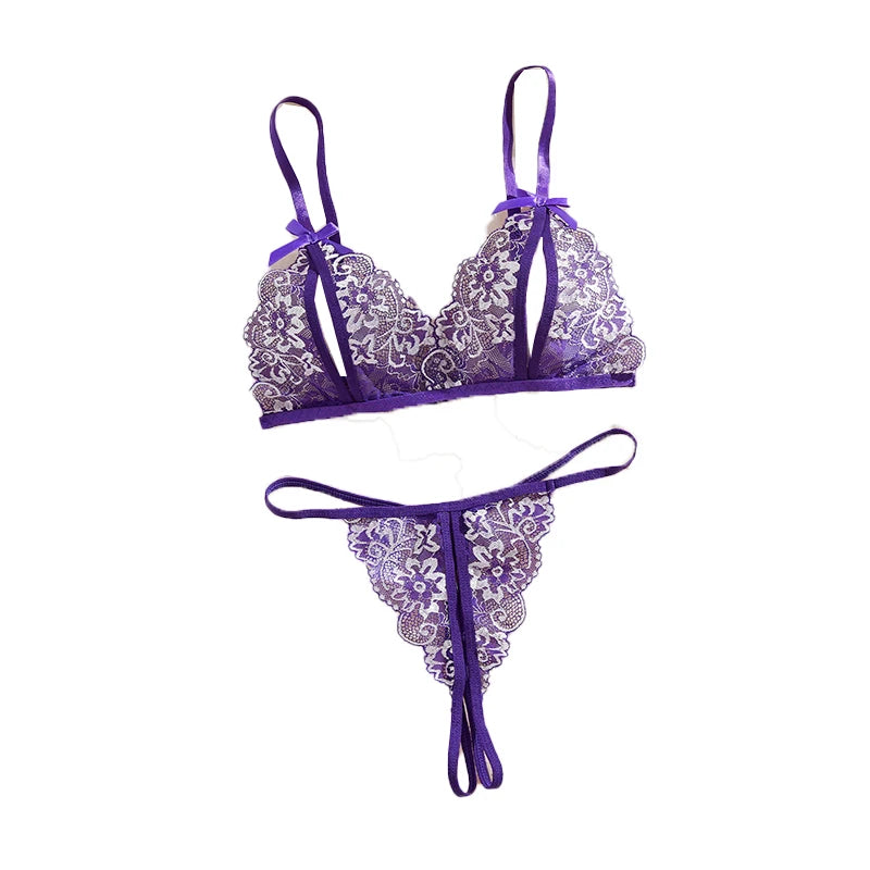 Floral Lace Bra Set Bow Intimates Bra And Thongs Sets Outfit Women's Underwear Set