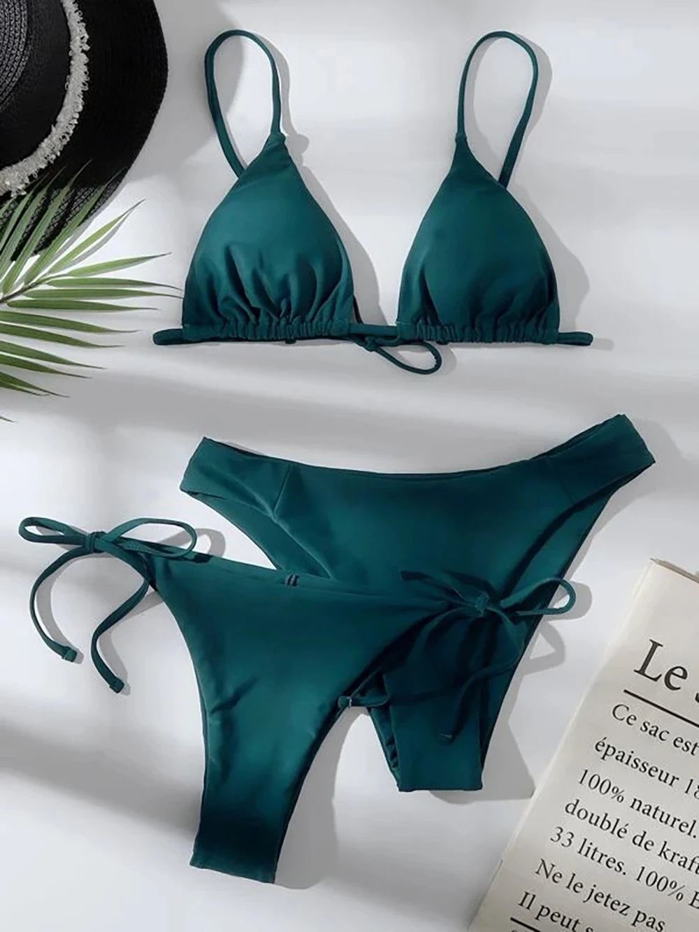 Sexy Solid 3 piece Bikini Set Women's Halter Lace Up Low Waist Swimsuit Triangle Thong Tie On Side Swimwear Brazilian Biquinis