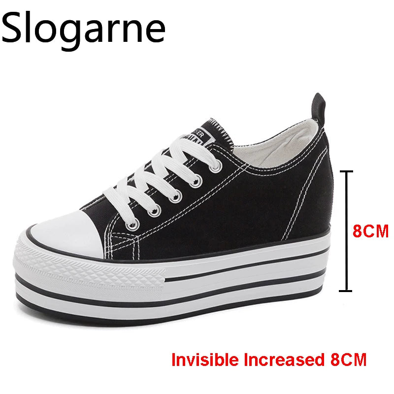 Students Invisible Increasing Canvas Shoes Women 8CM Thick Sole Height Skateboard Shoes Girls 2026 New Korean Casual Sneakers