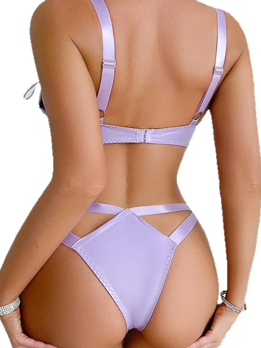 Foamlina Push Up Bra Panties PU Set Two Piece Set with Women Sexy Allure Pure Desire Tie Up Lingerie Outfit Set Purple