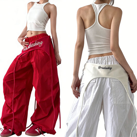 Women's Dance Y2K Style Pants Cross Layer Straps Design Casual Streetwear Wide Leg Cargo Pants For Hip Hop Dance Colorful